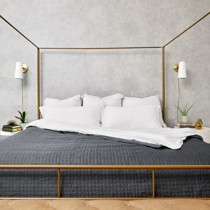 Grey Queen/King Cooling Blanket displayed over queen bed.